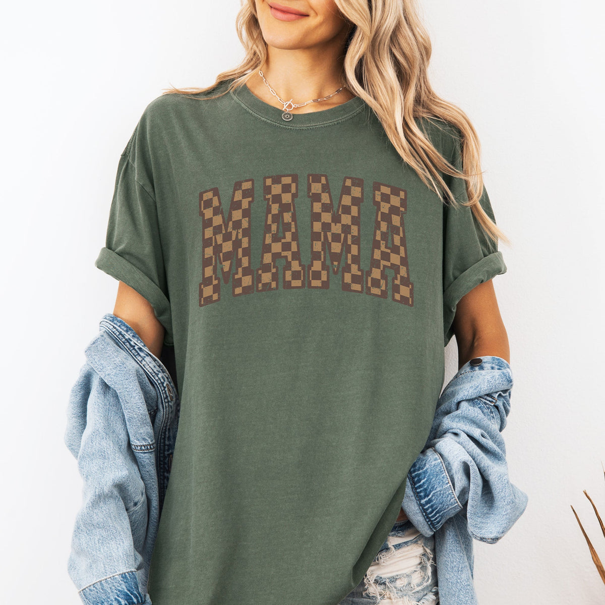 Mama Brown Checkered Retro Varsity Mother's Day Vintage Graphic Print Edition Comfort Colors Tee